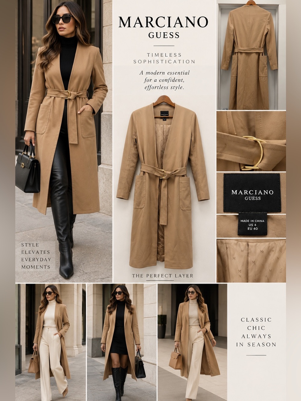 Marciano Camel/Tan Belted Long Trench Coat Size4
